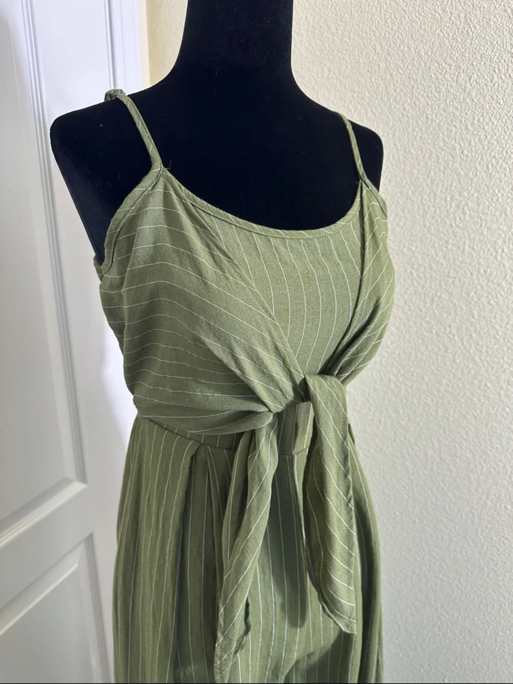 Fly Tomato Olive Green striped Tie-Front Wide-Leg Jumpsuit. Size X-Small - Picture 2 of 10